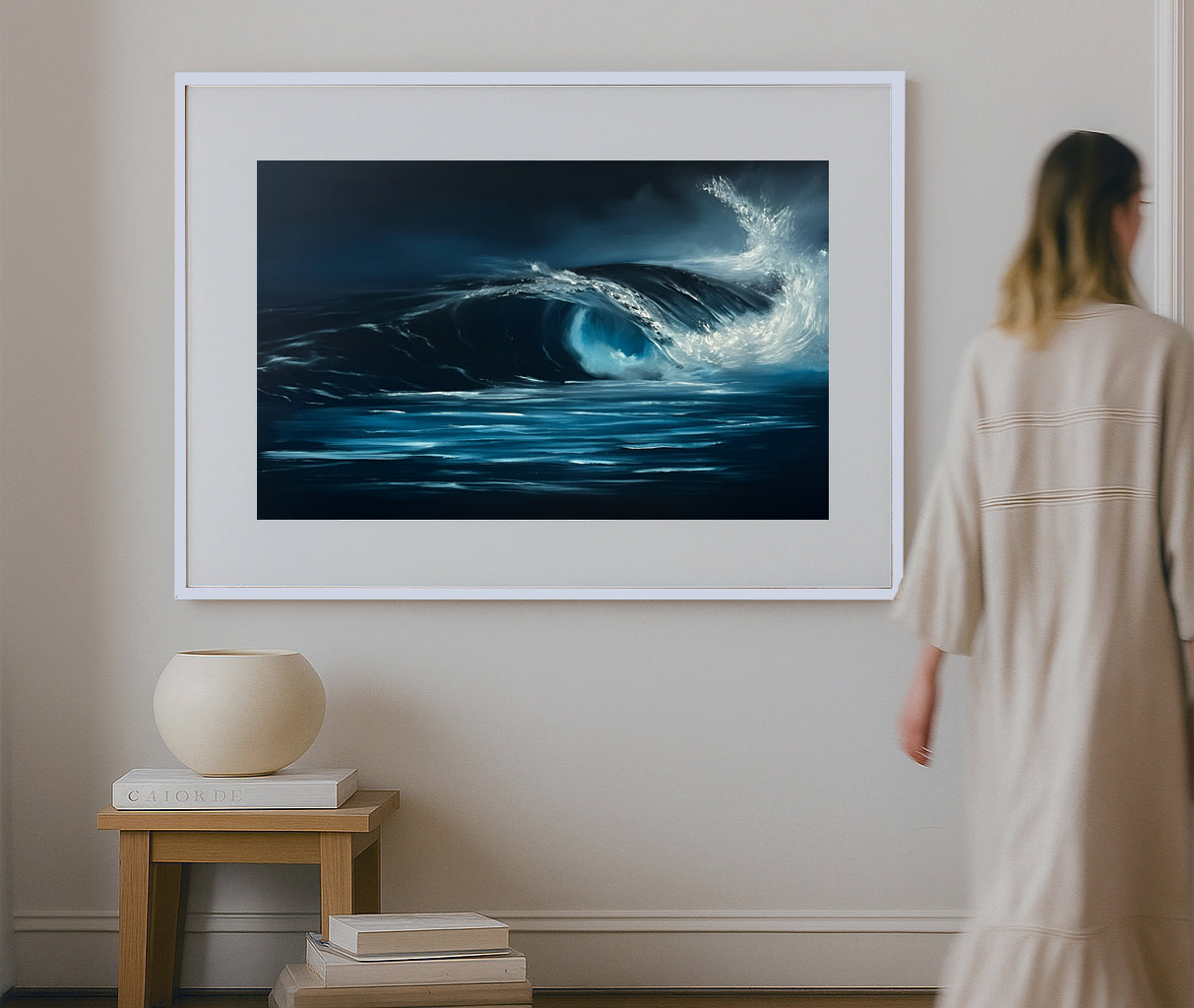 Modern contemporary seascape print featuring reflective ocean light and atmospheric blue tones by Magda Malak