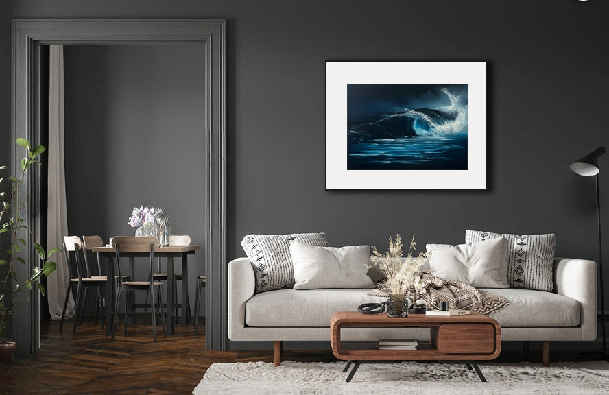 Modern contemporary seascape print featuring reflective ocean light and atmospheric blue tones by Magda Malak