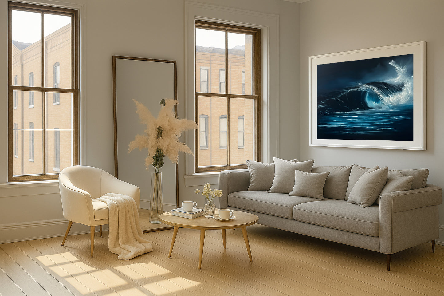 Modern contemporary seascape print featuring reflective ocean light and atmospheric blue tones by Magda Malak
