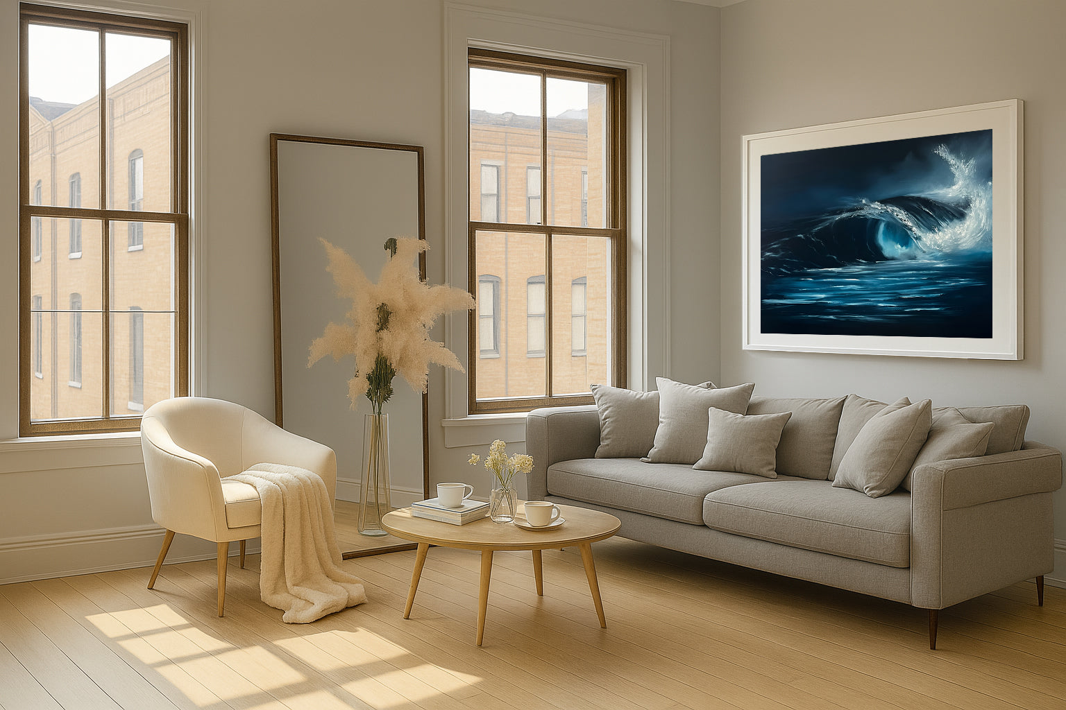 Modern contemporary seascape print featuring reflective ocean light and atmospheric blue tones by Magda Malak