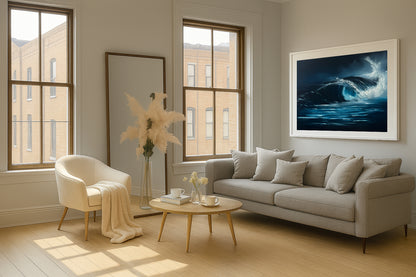 Modern contemporary seascape print featuring reflective ocean light and atmospheric blue tones by Magda Malak