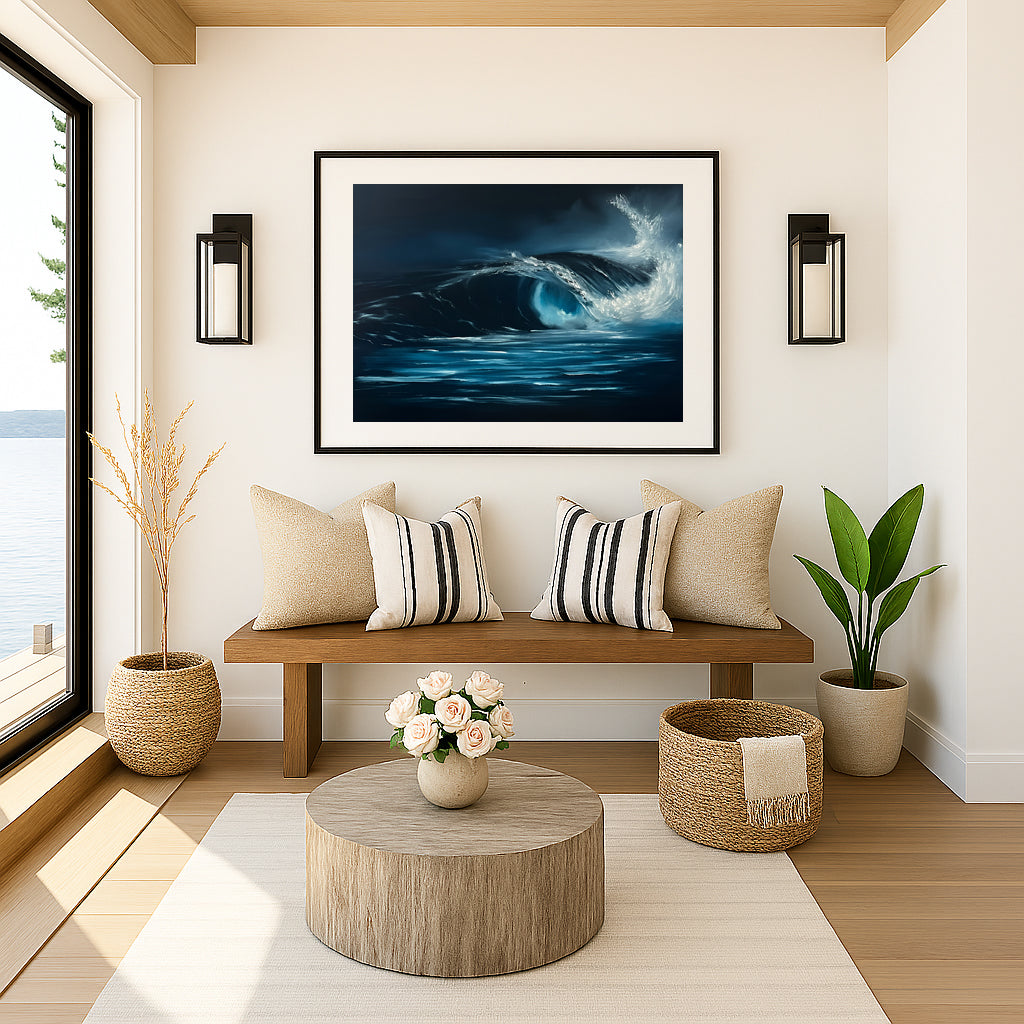 Modern contemporary seascape print featuring reflective ocean light and atmospheric blue tones by Magda Malak