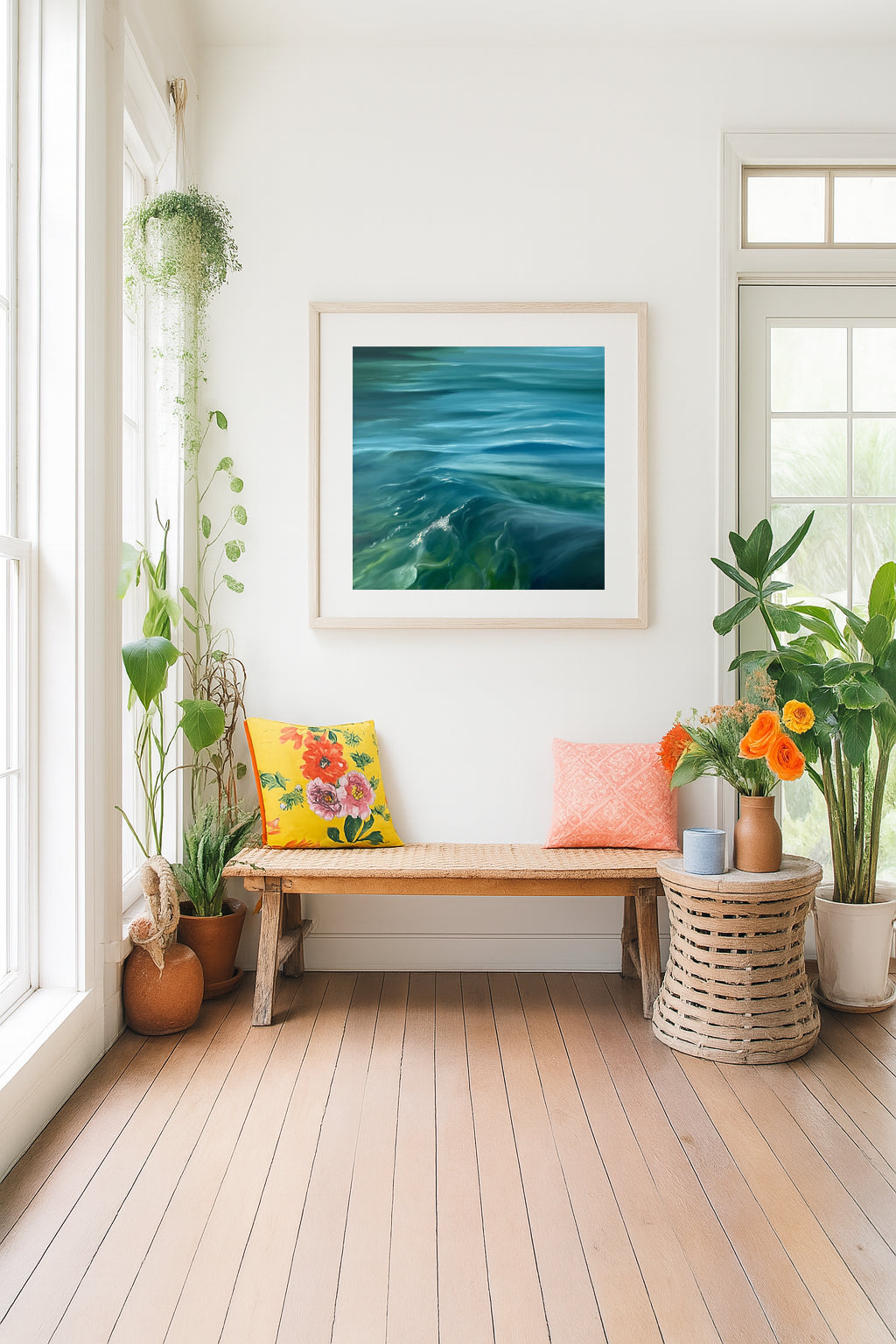 Modern contemporary seascape print featuring reflective ocean light and atmospheric blue tones by Magda Malak
