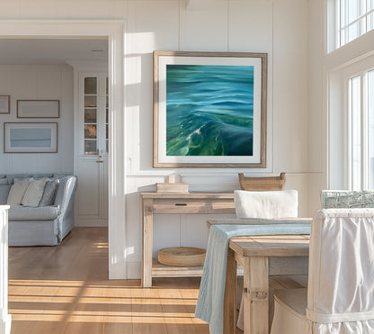 Modern contemporary seascape print featuring reflective ocean light and atmospheric blue tones by Magda Malak