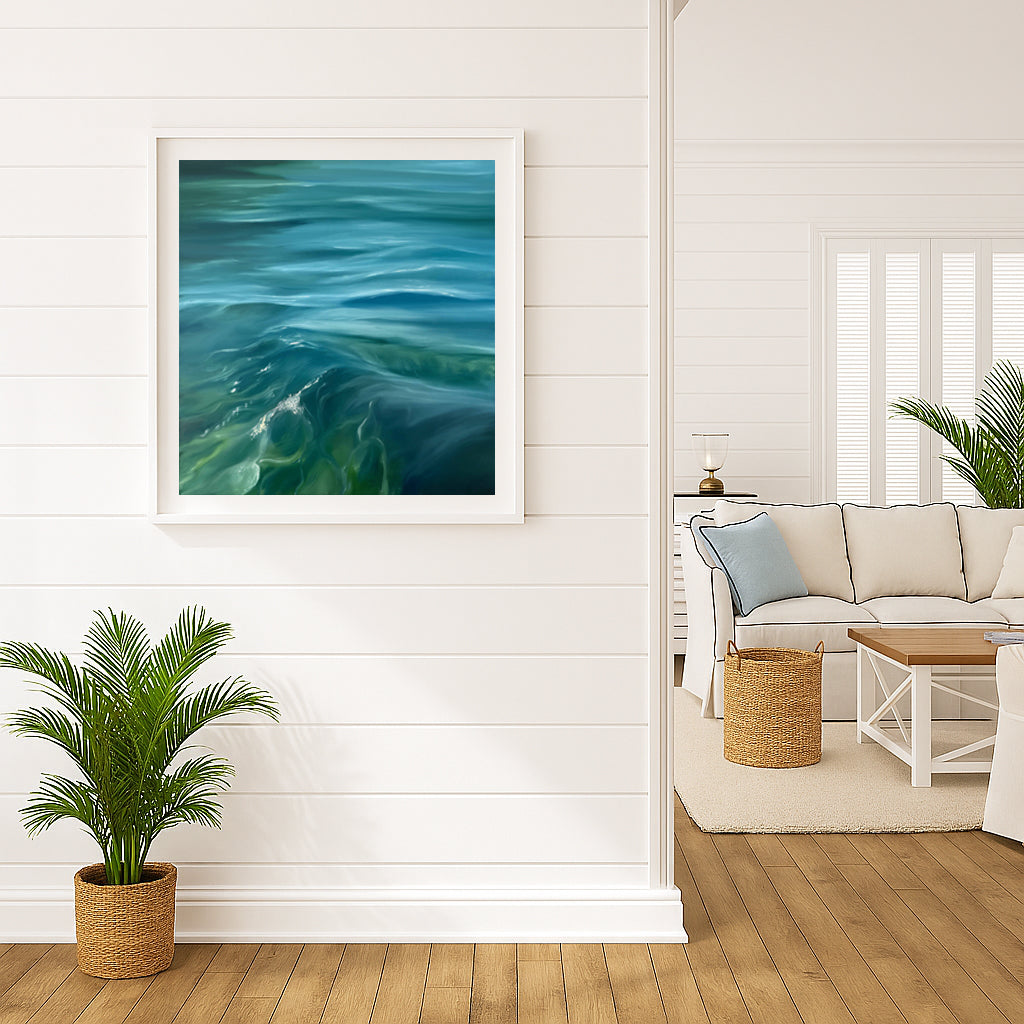 Modern contemporary seascape print featuring reflective ocean light and atmospheric blue tones by Magda Malak