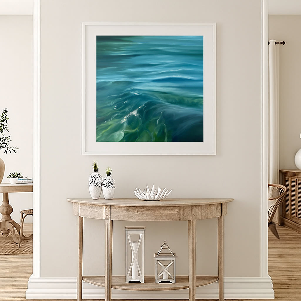 Modern contemporary seascape print featuring reflective ocean light and atmospheric blue tones by Magda Malak