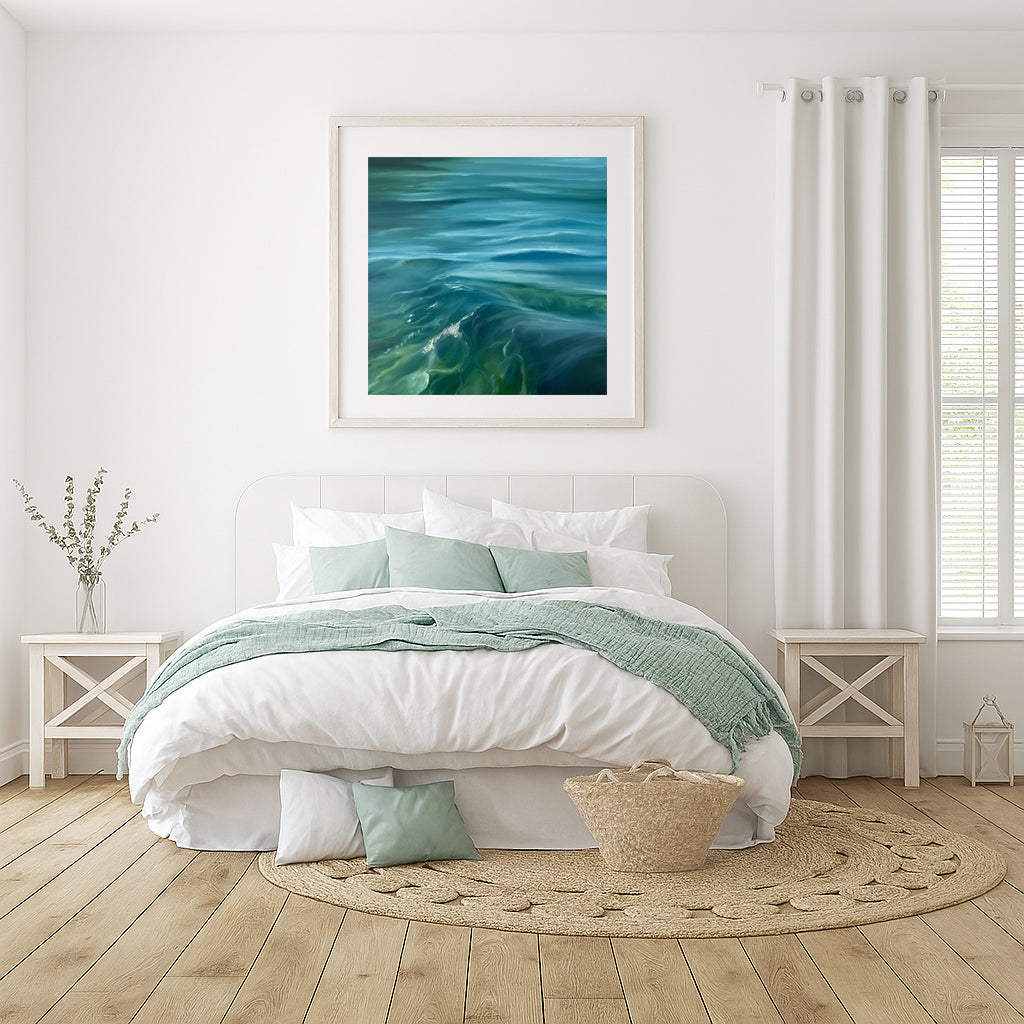 Modern contemporary seascape print featuring reflective ocean light and atmospheric blue tones by Magda Malak