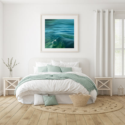 Modern contemporary seascape print featuring reflective ocean light and atmospheric blue tones by Magda Malak