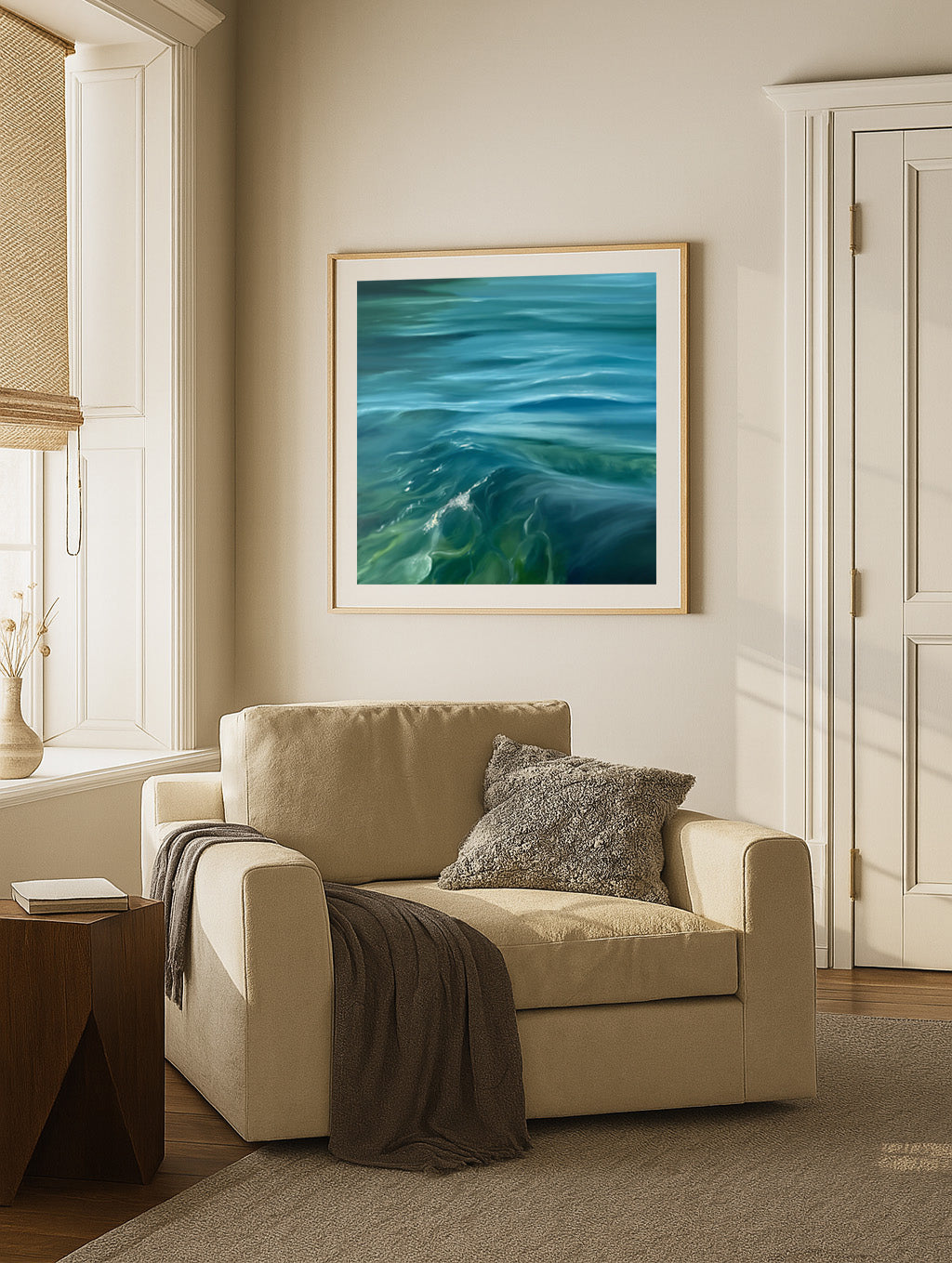 Modern contemporary seascape print featuring reflective ocean light and atmospheric blue tones by Magda Malak
