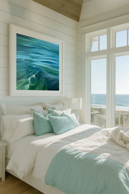 Modern contemporary seascape print featuring reflective ocean light and atmospheric blue tones by Magda Malak