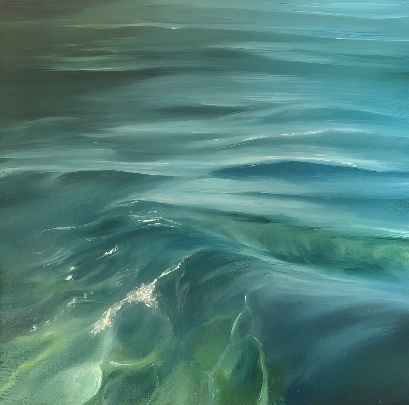 Modern contemporary seascape print featuring reflective ocean light and atmospheric blue tones by Magda Malak