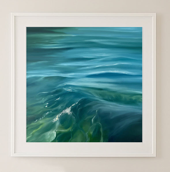 Modern contemporary seascape print featuring reflective ocean light and atmospheric blue tones by Magda Malak