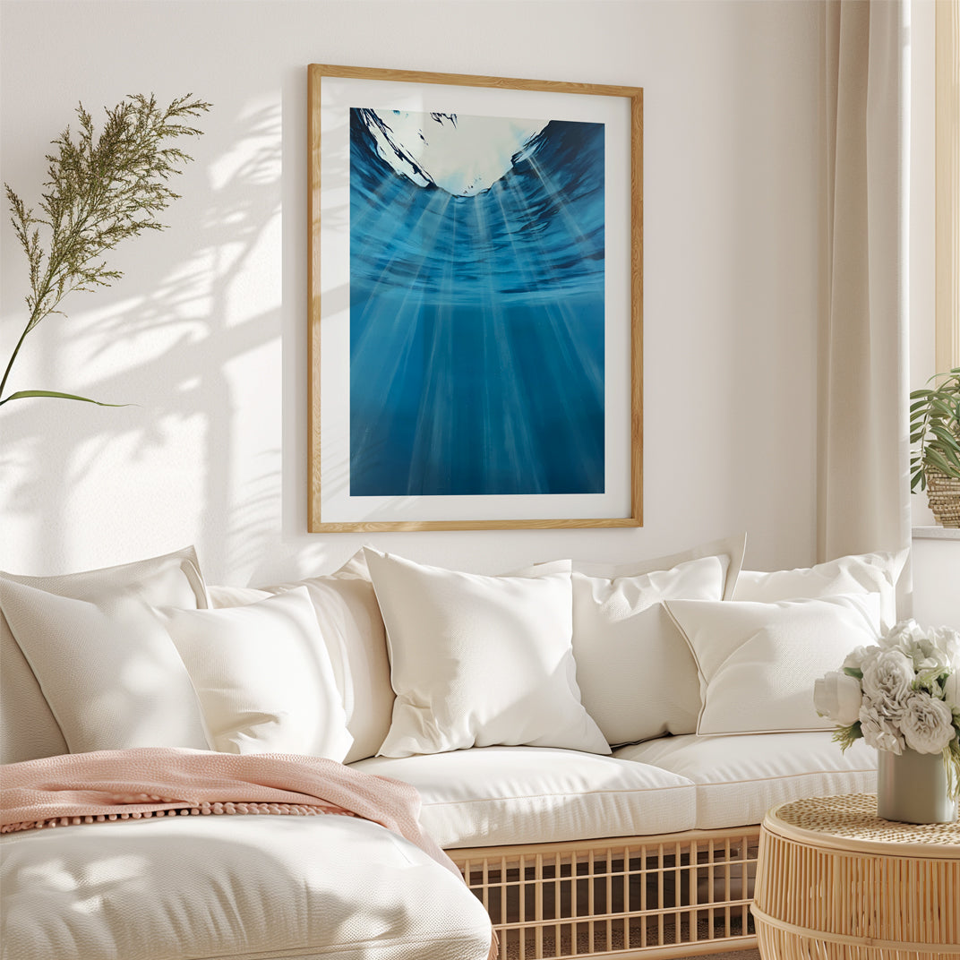 Modern contemporary seascape print featuring reflective ocean light and atmospheric blue tones by Magda Malak