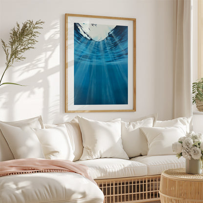 Modern contemporary seascape print featuring reflective ocean light and atmospheric blue tones by Magda Malak