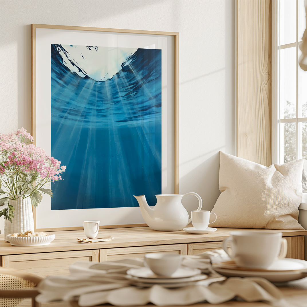 Modern contemporary seascape print featuring reflective ocean light and atmospheric blue tones by Magda Malak