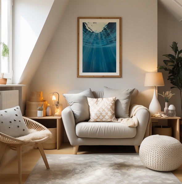 Modern contemporary seascape print featuring reflective ocean light and atmospheric blue tones by Magda Malak