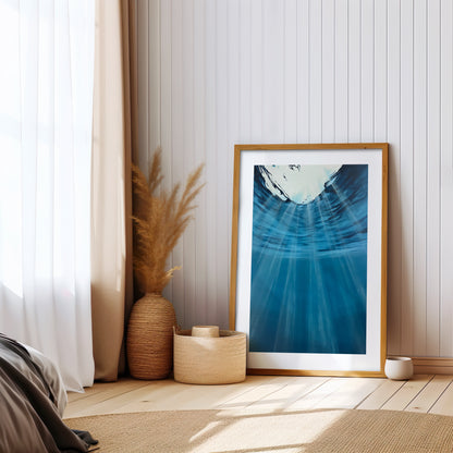 Modern contemporary seascape print featuring reflective ocean light and atmospheric blue tones by Magda Malak