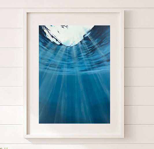 Modern contemporary seascape print featuring reflective ocean light and atmospheric blue tones by Magda Malak